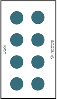 Cabaret table layout: 2 rows of 4 tables. 4 in front of the door and then 4 in front of the windows, these tables are parallel to each other.