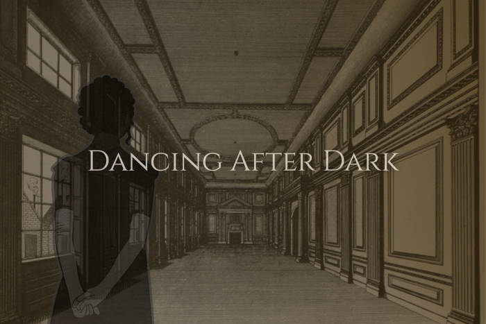decorative image with the words Dancing After Dark written over an illustration of a lady in a dance hall