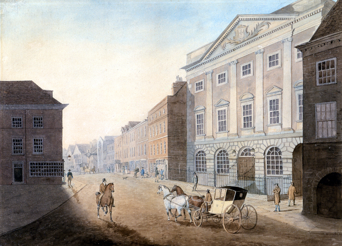 Figures in a landscape poster image. It's an illustrative drawing of Mansion House 300 years ago with a dirt road and people passing by on foot and in a horse and cart