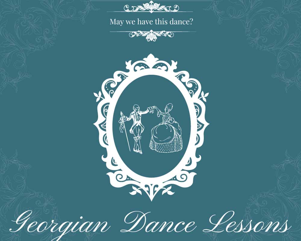 Regency era dance classes advertisement. A blue background with the text "May we have this dance? Georgian dance lessons." There is a silhouette of a couple dancing in regency attire.
